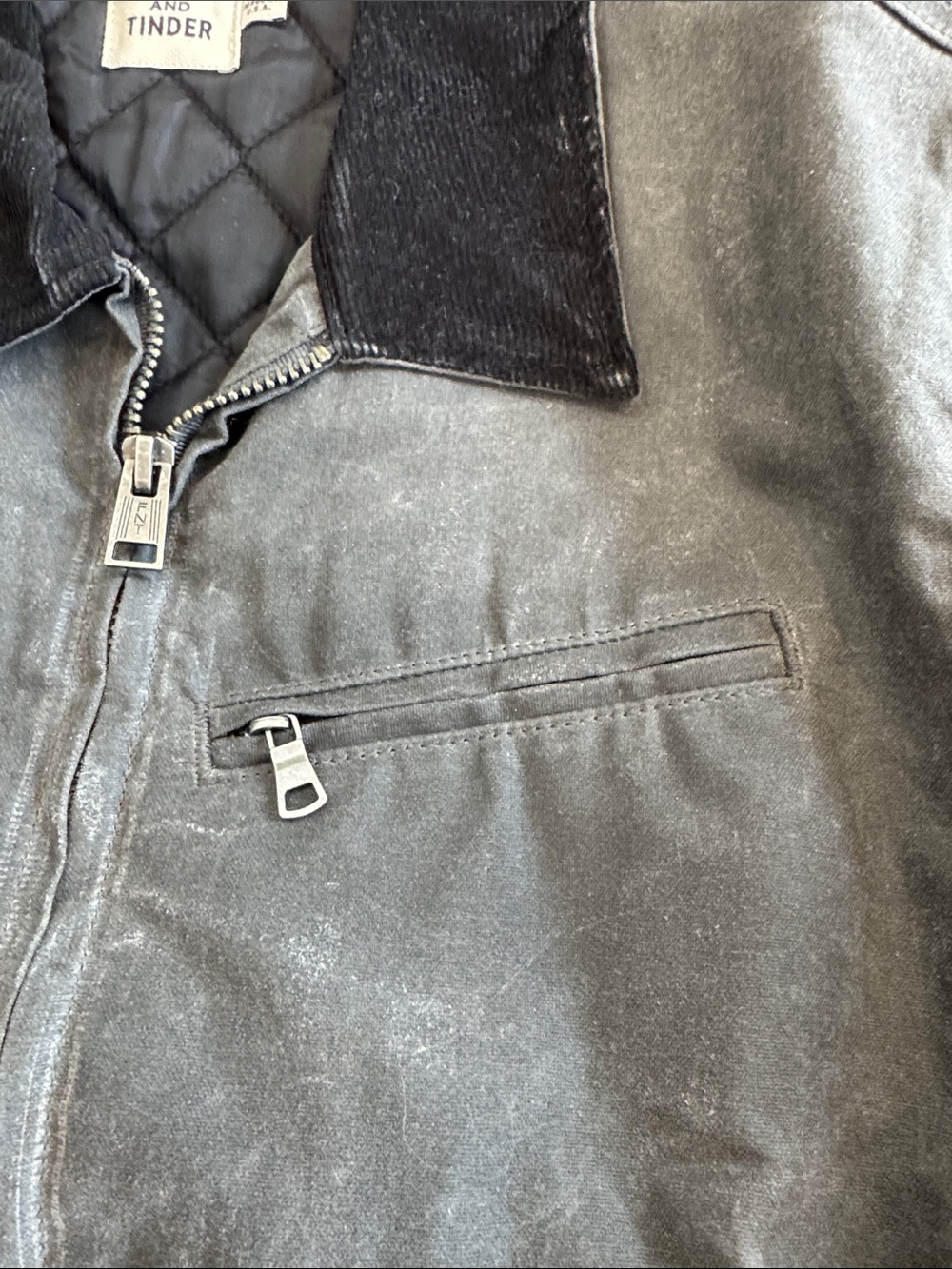 Flint & Tinder Waxed Charcoal Grey Corduroy-Collar Zip Jacket - Picture 2 of 4